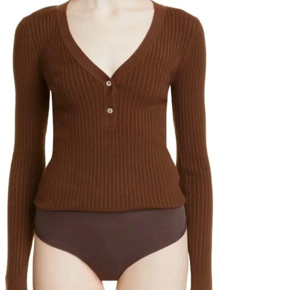 L’Agence NWT Lira Henley Ribbed V Neck Long Sleeve Sweater Bodysuit Brown Size L